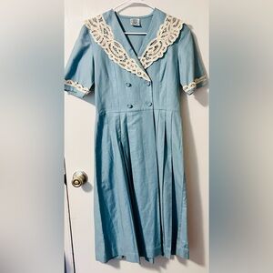 Laura Ashley Light Blue Linen Cottagecore Pleated Dress with Lace Yoke